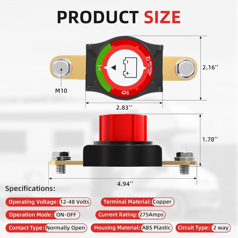 Joinfworld Side Post Battery Disconnect Switch 12V-48V 275A Waterproof Marine Battery Cut Off Switch 12 Volt for Car RV Boat ATV UTV Vehicles - Image 2